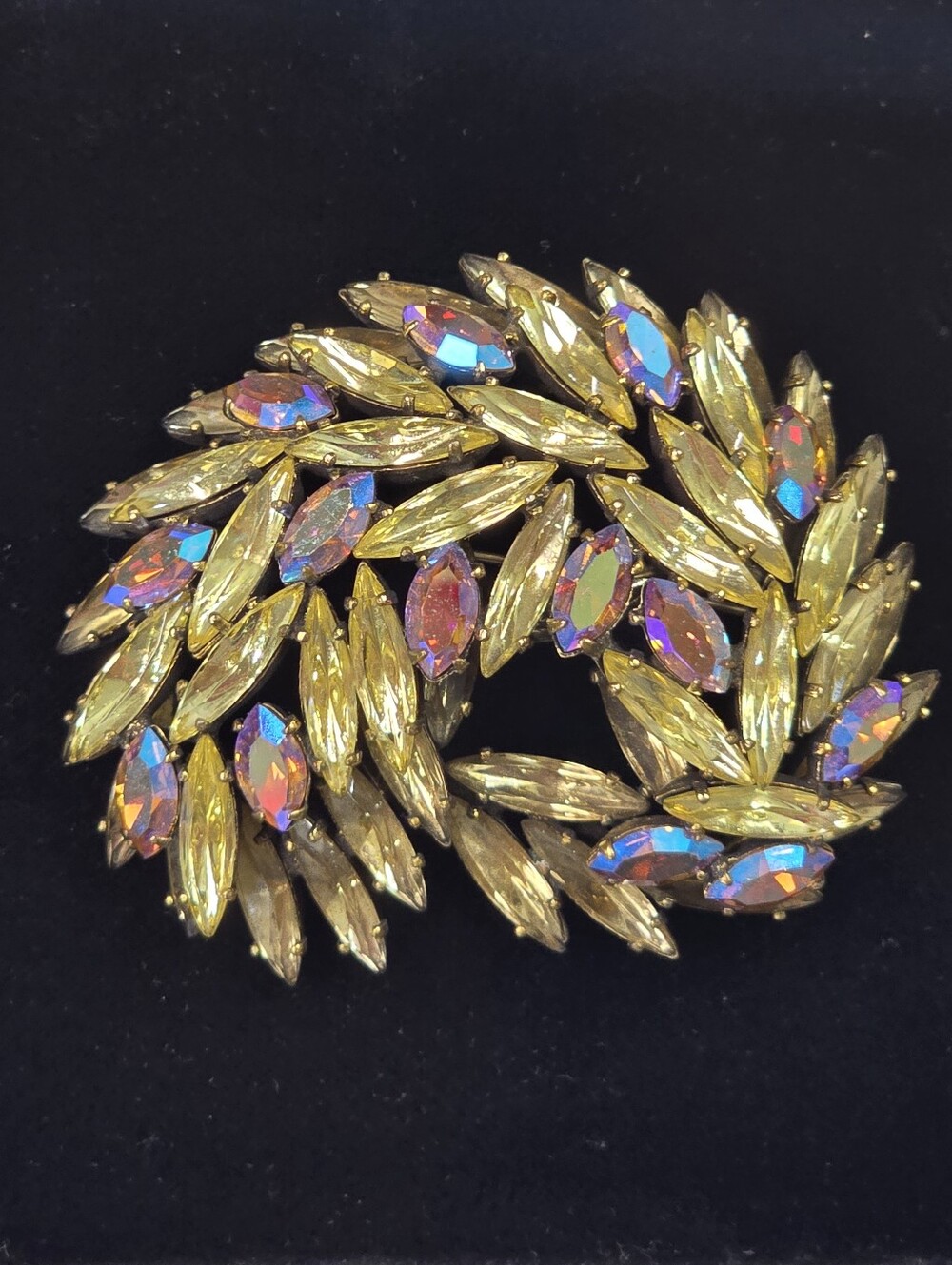 Vintage Regency Champagne & Aurora Borealis Layered Navette Crystals Brooch